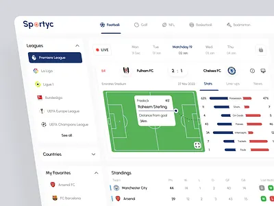 Sportyc - Sports Dashboard clean club dashboard design flat football illustration live match live score news soccer sport statistic ui user interface ux web design website