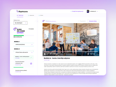 Apptoyou.pl – e-learning platform with no-code courses courses dashboard design elearning platform purple ui ux video