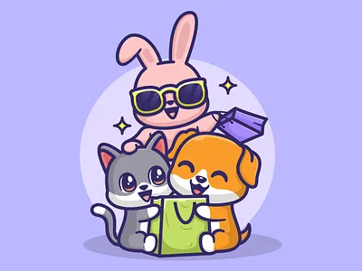 Shopping Animals Cute Illustration animals cartoon cat character cute design dog flat glass illustration kawaii logo rabbit shopping bag vector