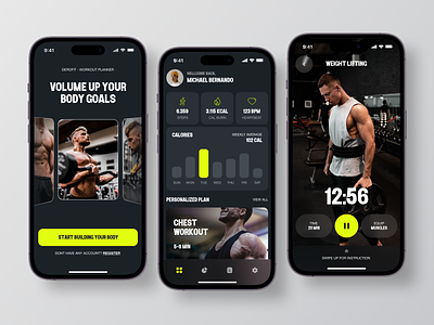 DEROFIT - Workout Planner app bold crossfit darkmode fitness gym health mobile mobile app personal trainer planner sport training treadmill ui wight loss workout