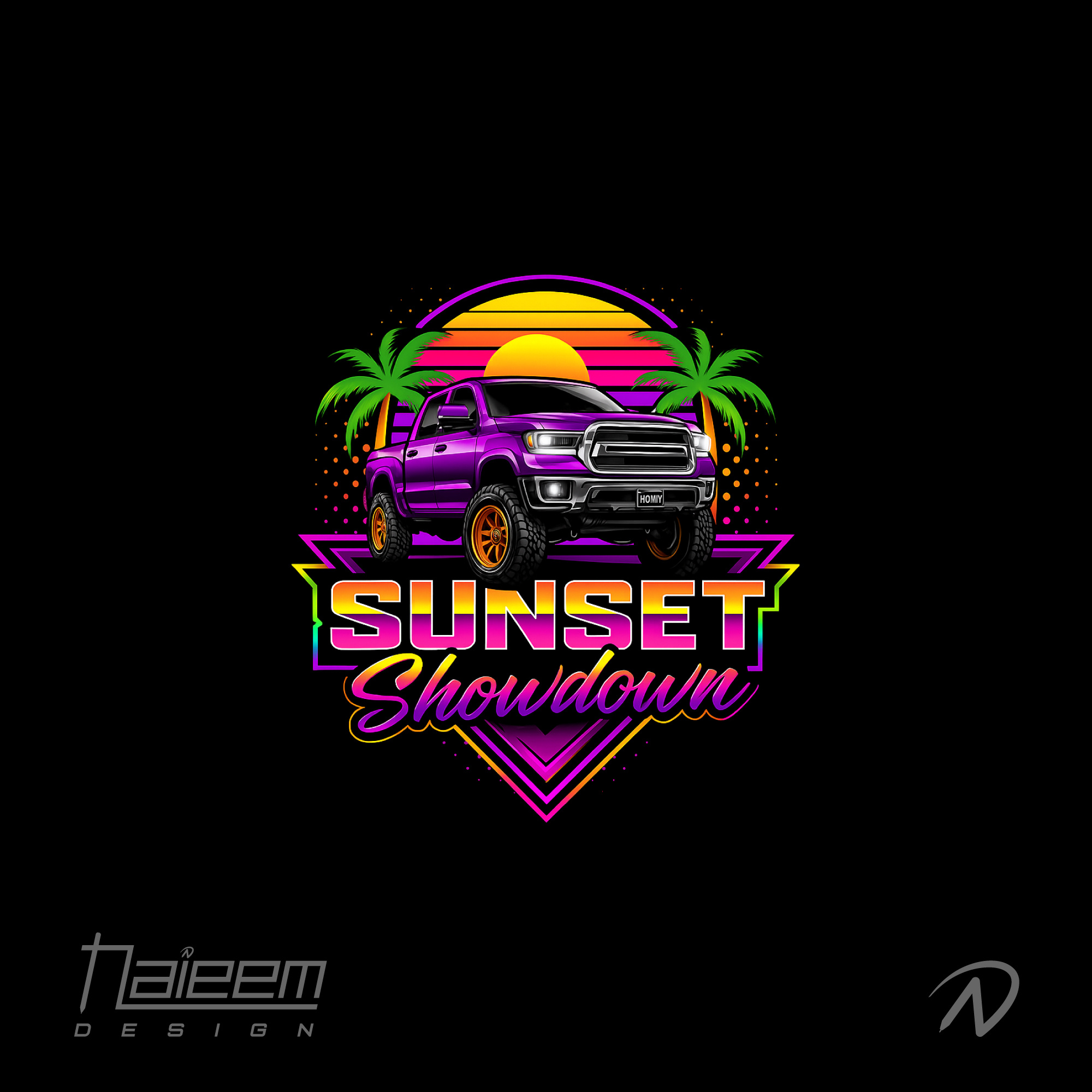 Tropical Automotive Logo Inspired by Miami Sunset & Car Culture beach vibe truck logo bold truck logo for events car logo with palm trees car meetup branding miami custom logo for car events florida car logo design logo for miami event logo for truck show miami miami beach automotive logo miami car show logo miami truck culture design miami truck event branding naieem design miami logo palm tree logo design purple pickup truck logo street truck logo miami sunset car event logo sunset showdown logo tropical logo design vibrant automotive logo