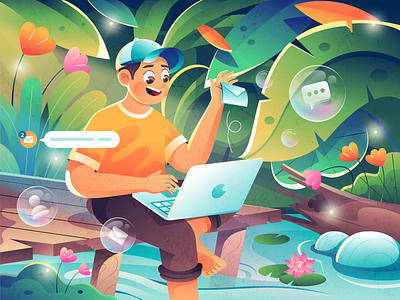 Working From Anywhere Illustration character design earth email flower freelancer graphic design green header hero illustration illustration lake laptop plants side lake work work from anywhere work from home working