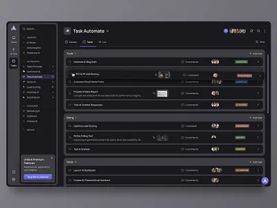 AI SaaS - Dashboard List - Dark Mode client management dark layout dark mode dark theme dashboard dashboard ui desktop app figma kanban navigation product design product designer project management task manager team management to do list ui design ux design web app web design