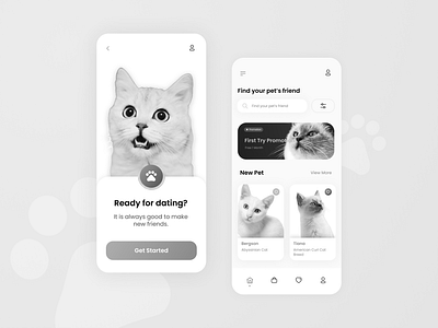 Pet match - Find your pet's friend app design black and white cat clean daily 100 challenge daily ui dating greyscale light mode match pet pet care product design ui ux