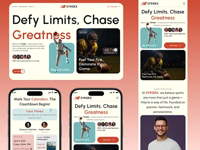 Sports Club Website Mobile Responsive (Stridex) athleteexperience clubwebsitedesign creativedesign dailyui designinspiration dribbbleshowcase figmadesign landingpagedesign modernwebdesign responsivedesign sportsclubdesign sportswebsite teamwebsite uiuxdesign userexperience userinterface uxuidesigners webdesign webdesigncommunity websitedesigntrends