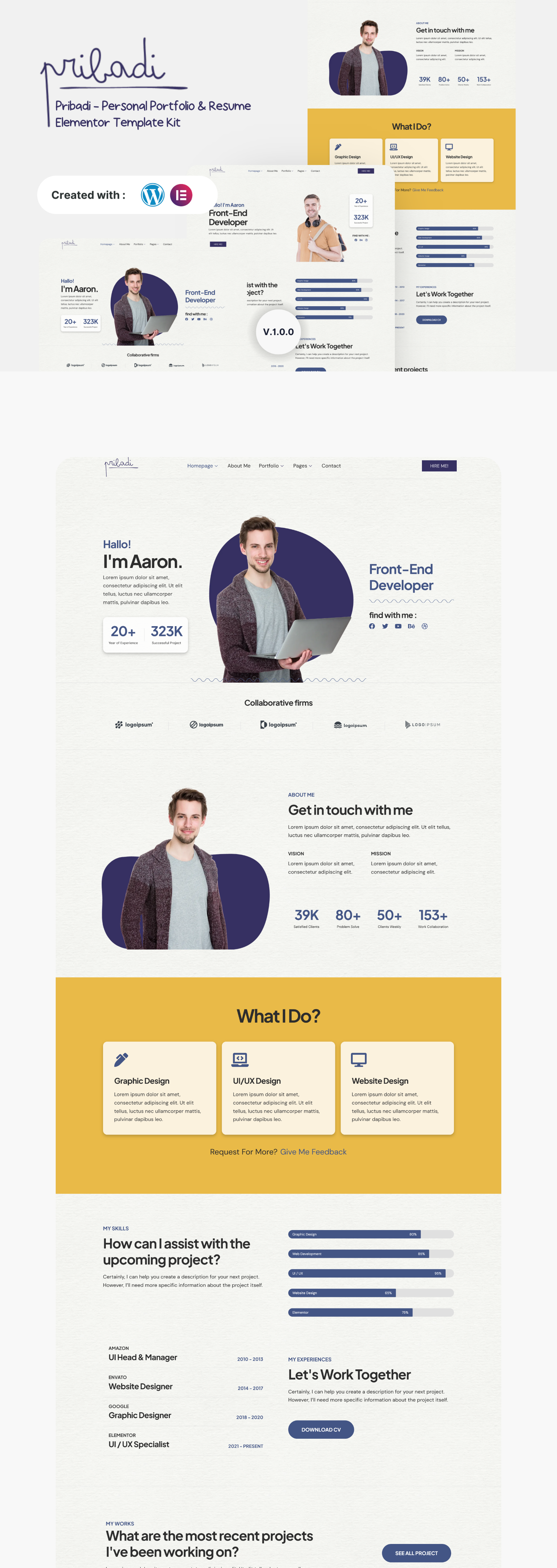 Pribadi - Personal Portfolio & Resume Elementor Template Kit branding clean cv design elementor kit minimalist modern personal portfolio resume template ui ui design ux vcard webflow website wordpress