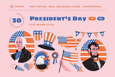 Pink President's Day Illustration america american landing page pink president president day