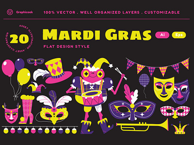 Black Flat Design Mardi Grass Illustration black celebration event flat flat design grass landing page mardi mardi grass mask