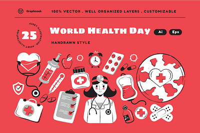 Red Hand Drawn World Health Day Illustration hand drawn health landing page medic medicine nurse red world health day