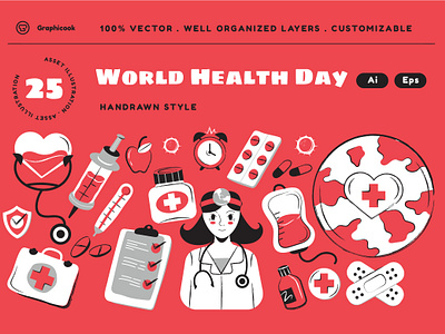 Red Hand Drawn World Health Day Illustration hand drawn health landing page medic medicine nurse red world health day