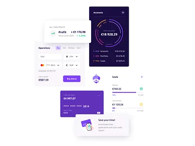 Vizier, Fintech App - widget collection all in one app bank budgeting credit card expenses finance analysis financial tracking fintech fintech illustration income investment line chart mobile app mobile banking money management personal finance pie chart portfolio revenues