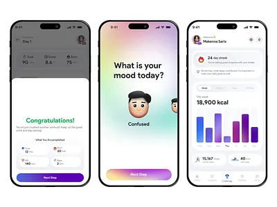 Fitness Tracker App UI – Mood-Based Experience + Smart Dashboard cardio app cardioapp clean ui dashboard dribbbleshots excercise gym app gymapp mobile mood book moodcheck workoutapp
