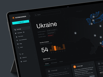 GeoWarrior clean dashboard design map military minimal news platform simple twitter ui war