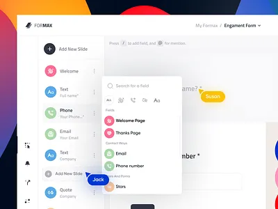 Online collaborative form builder app black block collobration dashboard drag and drop flow form form builder input light theme online form creator presentation pwa saas sidebar table team design typeform ui