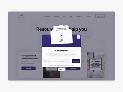 1040 Abroad • Newsletter modal books button education email envelope illustration modal newsletter pdf pop up resources sign up taxes ui ux website
