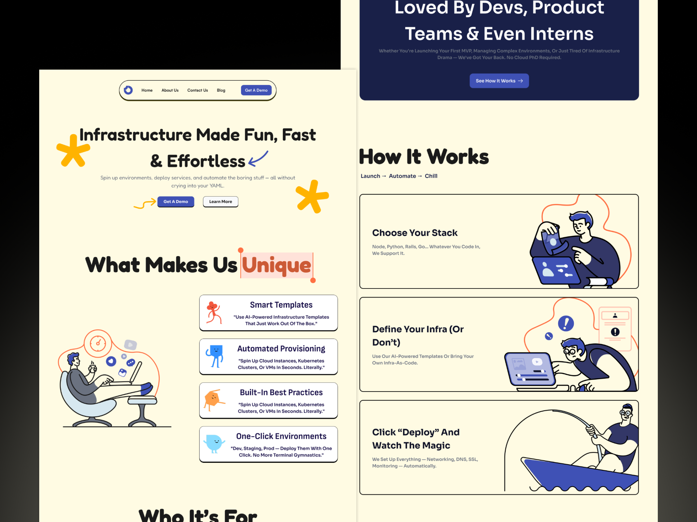A Cartoon-Themed Landing Page for Effortless DevOps figma front end frontend grid landing page ui ux web web design web design frontend