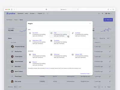 Plugins Modal - Preline UI admin badge breadcrumb button card chart checkbox components dashboard design system dropdown figma icon modal pagination pop up popup preline preline ui select