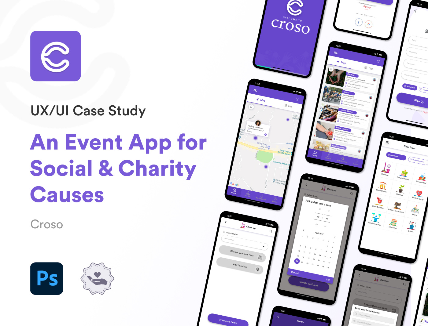 Croso App animation app branding case study charity croso design event figma graphic design logo moblie app photoshop social typography ui ui design ux uxui vector