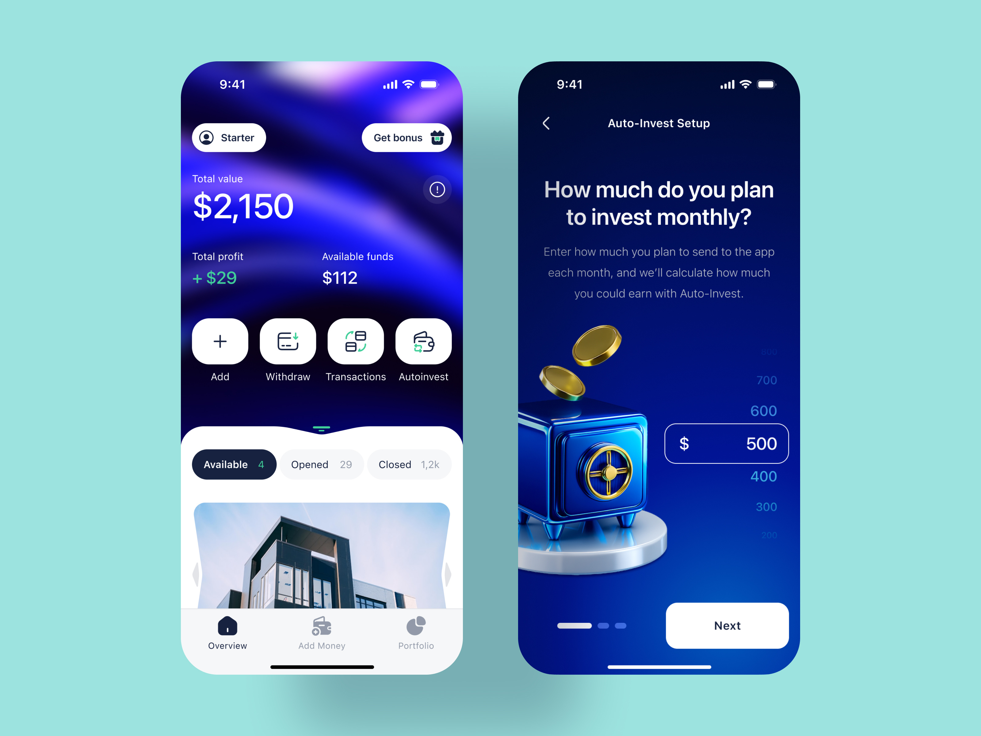 Real estate investment app 3d 3d illustration ai generated app finance fintech funding investment mobile money number setup onboarding product real estate ui ux