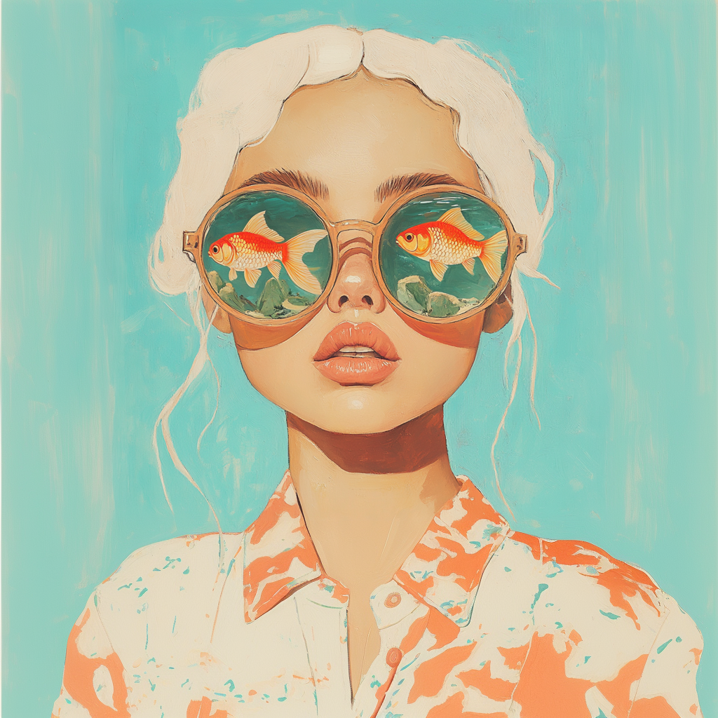 Fish-Eyed Daydream – Retro Fashion Portrait Art aesthetic girl ai generated colorful illustration digital art editorial style fashion illustration goldfish glasses pastel tones retro portrait surreal art trendy girl art underwater reflection whimsical fashion