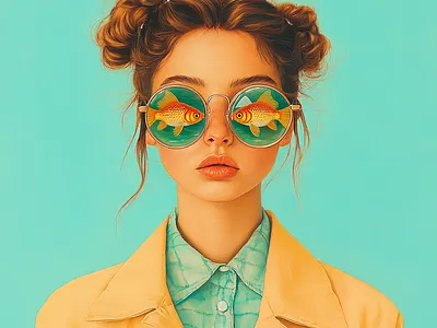 Sunkissed Vision – Dreamy Girl with Goldfish Glasses art print colorful portrait contemporary portrait design digital character art fashion fantasy girl with sunglasses goldfish glasses graphic design illustration pastel dream quirky fashion surreal editorial underwater vision vibrant palette whimsical illustration