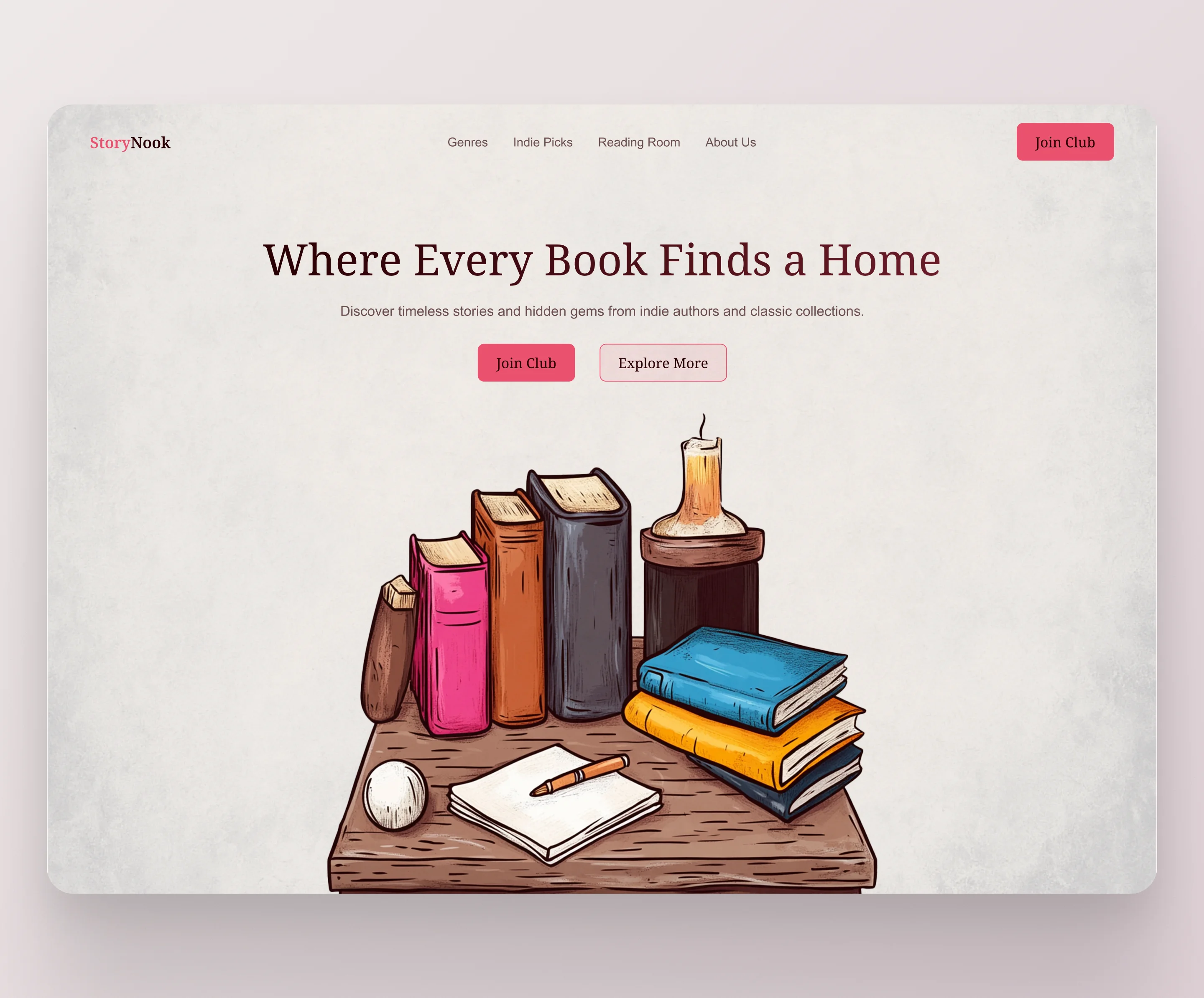 StoryNook – Cozy Book Club Landing UI book branding clean design graphic design hero history illustration pink reading ui ux vector