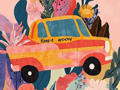 Keep It Groovy – Retro Floral Truck Illustration 70sstyle artdaily artprint colorfulillustration creativeillustration digitalillustration extilepattern floralart funart graphic design groovyart patternart playfuldesign printdesign retroillustration vintagevibes wallart
