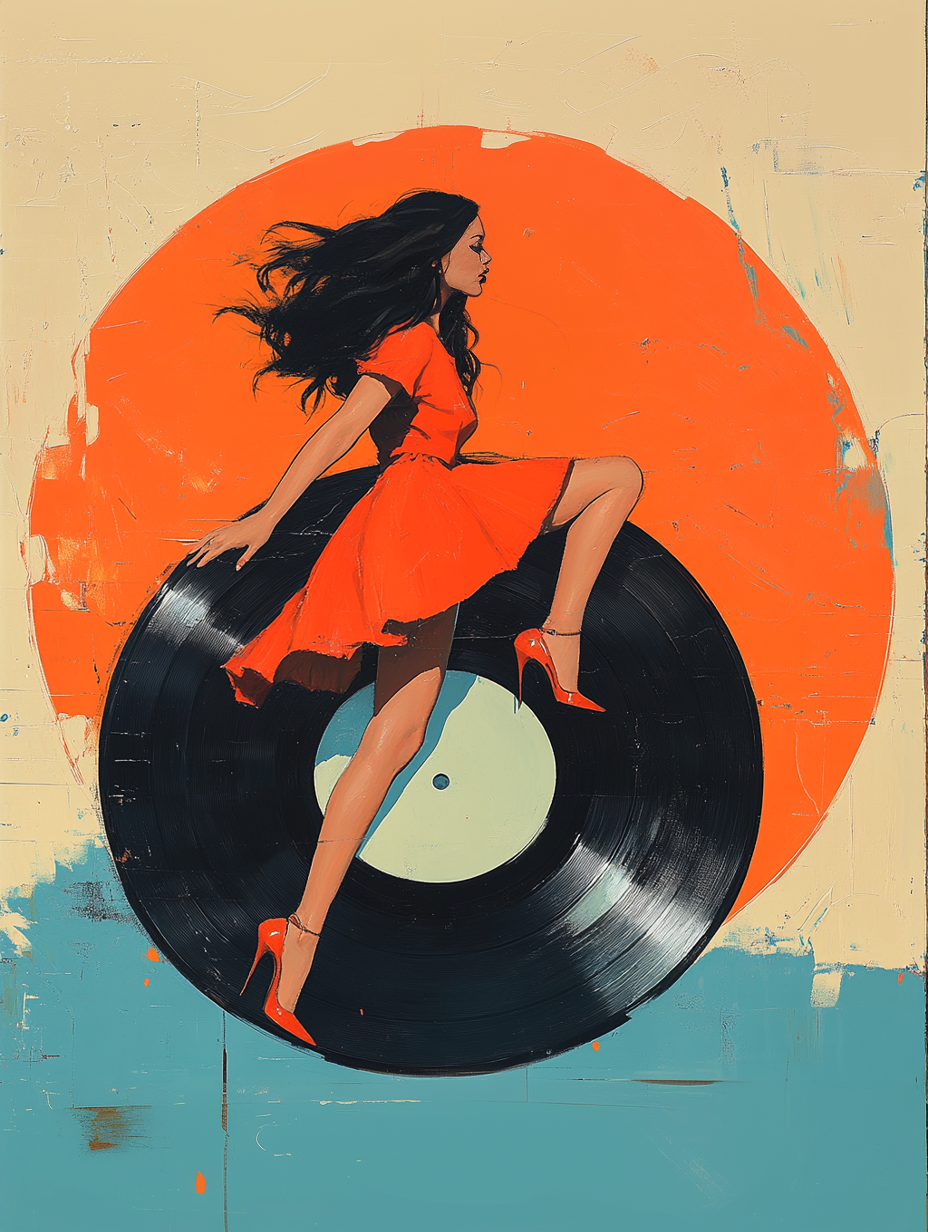 Vinyl Ride – Retro Girl with Record artandmusic artprint boldcolors characterart conceptillustration digitalpainting editorialdesign fashionillustration graphic design modernvintage musicillustration posterart retroart vintageaesthetic vinylvibes whimsicalfashion