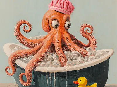 Octopus Spa Day – Funny Bath Scene Illustration animalillustration bathtimefun bubblebath cartoonvibes characterdesign creativeprint digitalart editorialfun funillustration funnyanimals illustrationart kidsillustration octopusart octopuscharacter pastelillustration playfuldesign quirkyart whimsicalanimals