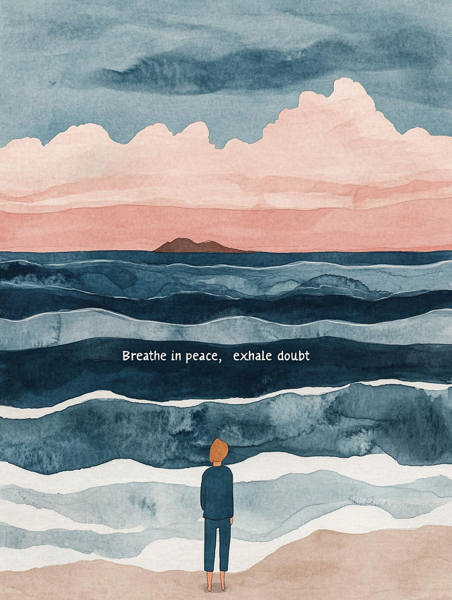 Breathe in Peace – Calming Ocean Quote Illustration artprint beachvibes calmcolors calmingart cozyillustration digitalart illustration inspirationalart mentalhealthdesign motivationalart oceanart oceanvibes peacefulscene printdesign quoteart relaxationdesign selfcareart wallart watercolorillustration