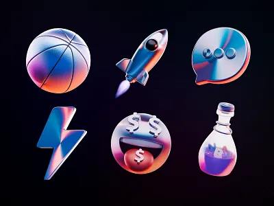 Chrome Color Icons – Neon Reflections 3d 3d illustration 3dart 3dbasketball 3dicon animation ball branding chrome emoji jet neon
