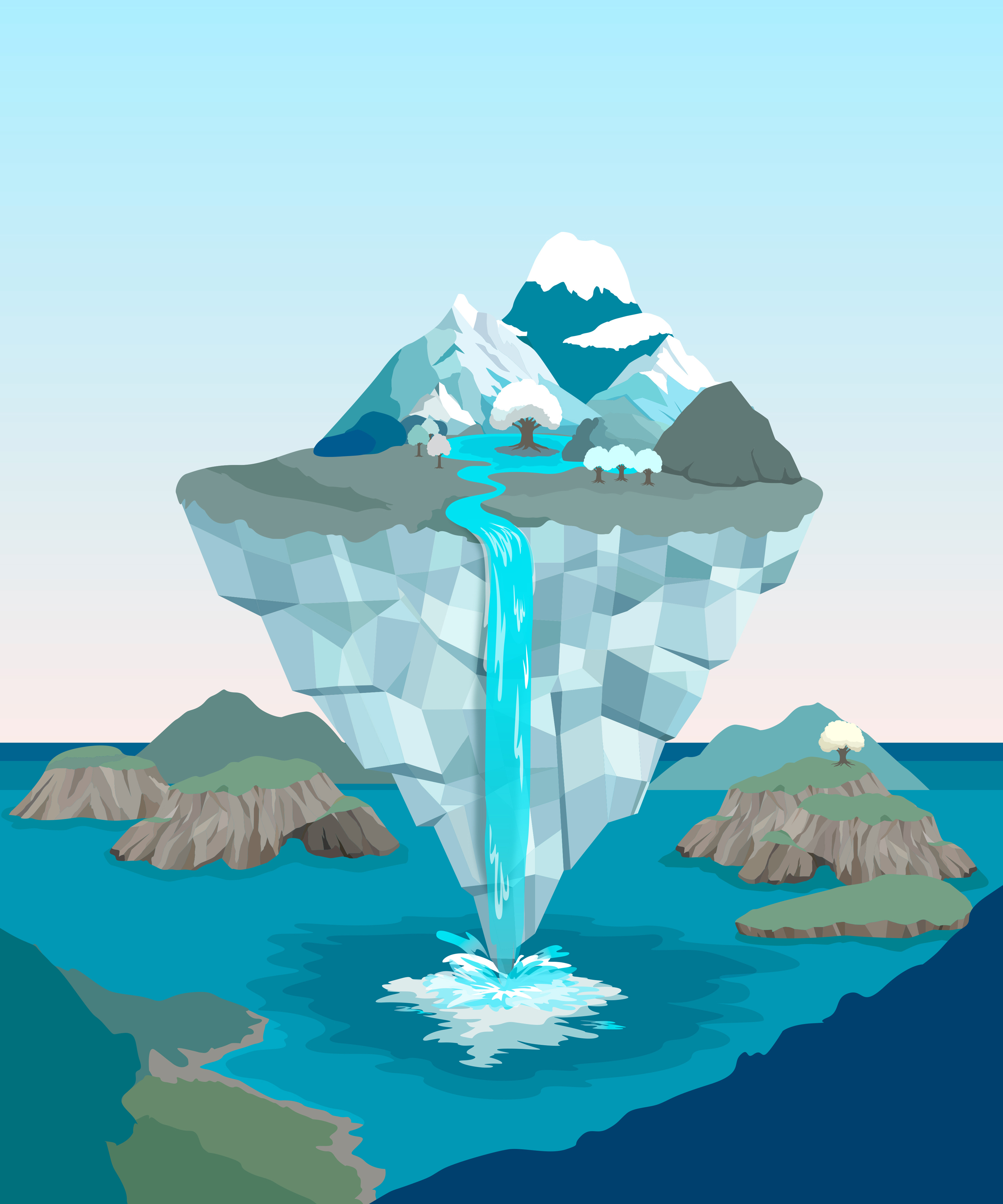 浮島と諸島 art branding design graphic design illustration island landscape logo mountains nature river tree waterfall web イラスト