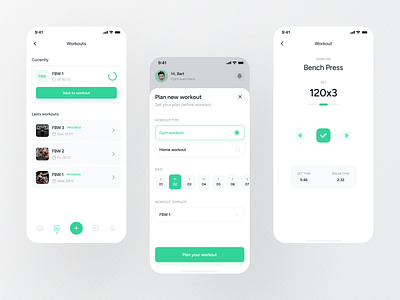 Workout Tracking App - UI Screens activity clean design exercise fitness app green gym gym app health minimal minimalist mobile modern sport training ui ui design uidesign workout app workout plan