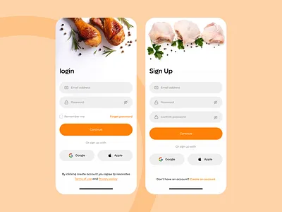 Recipe sharing Mobile app - Login Sign Up Screen appdesign cleanui foodapp foodies inspiration loginscreen minimaldesign mobileapp productdesign recipeapp signup ui ux uxdesign