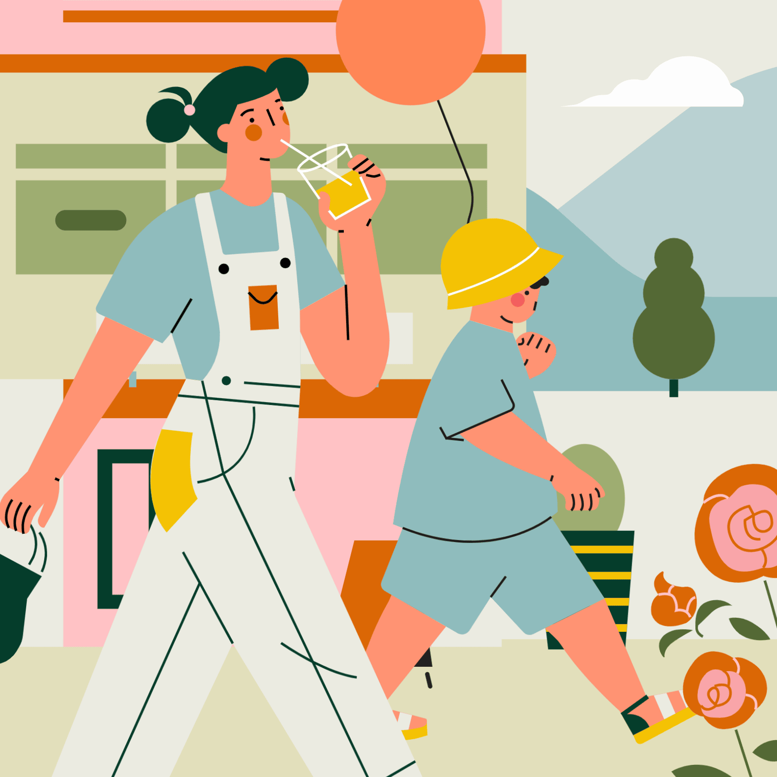 小园素作品：橘子汽水和花香弥漫的步行道 design flat graphic design illustration vector