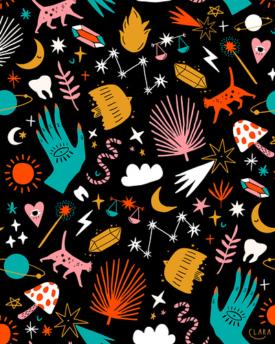 Astro pattern animals astrology colorfull design graphic design illustration magic pattern pattern design planets plants procreate stars universe vector witch