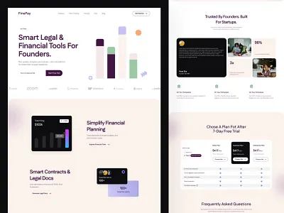 Startup Financial Dashboard – Clean UI/UX Design ai dashboard cash flow tool clean ui equity management faq section finance dashboard financial platform fintech founder tools landing page legal tech modern ui pricing page product design responsive web saas ui smart contracts startup design uiux web design
