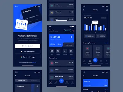 Financer - Financial & Digital Wallet App branding chart dark mode design finance financial fintech graphic design mobile design money onboarding payment pixlayer transaction transfer ui ui kit ux ux kit wallet