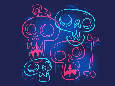 Neon Skulls blake stevenson bones cartoon character design cute design ghost hat illustration jetpacks and rollerskates logo neon retro skeleton skulls