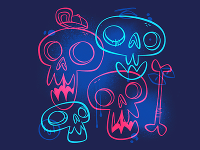 Neon Skulls blake stevenson bones cartoon character design cute design ghost hat illustration jetpacks and rollerskates logo neon retro skeleton skulls