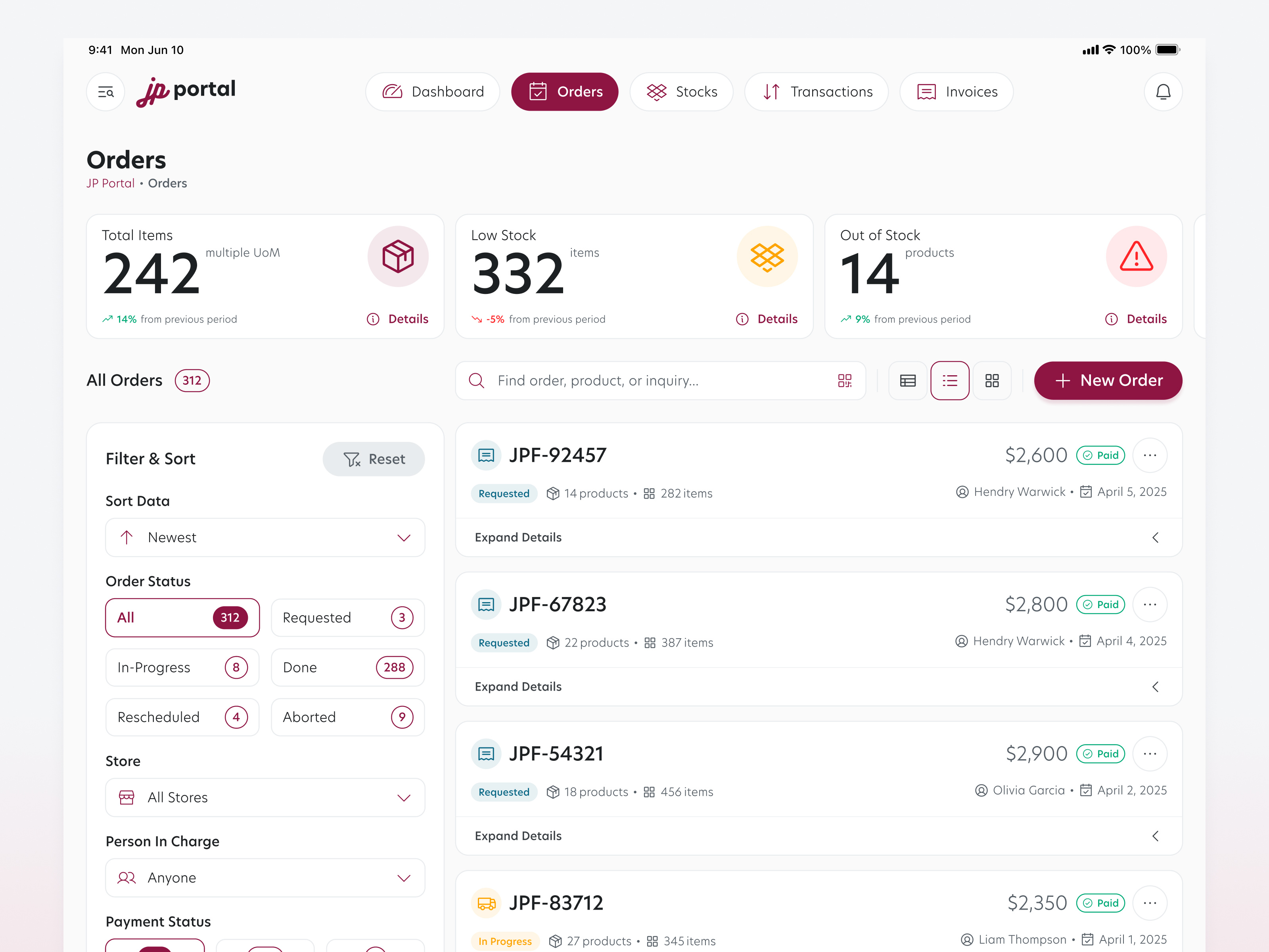 Orders Page • JP Portal branding dashboard design enterprise enterprise resource planning erp ipad order page orders stock tablet ui ui design uiux ux ux design warehouse warehouse management web design webapp
