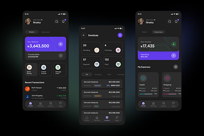 Banking & Invoice App - Dark Mode app design ui ux