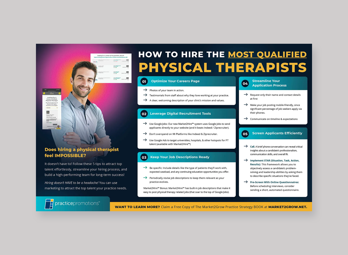 Physical Therapy Hiring Cheat Sheet Infographic ad advertising branding chiropractic design digital ad digital marketing google ad graphic design infographic layout marketing marketing strategy medical marketing physical therapy