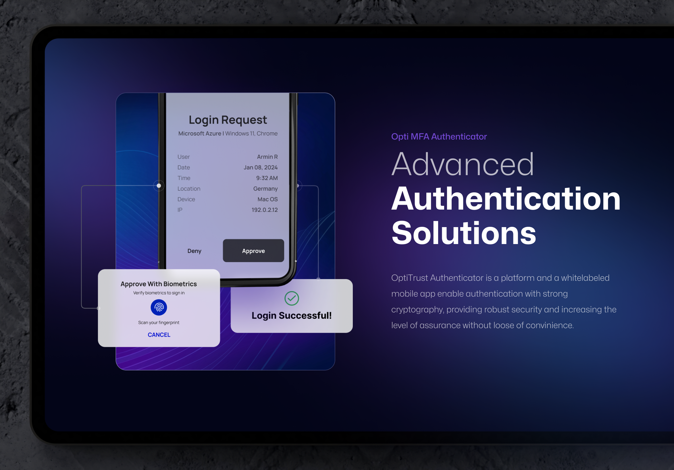 Advanced auth Solutions - Optiturst website UI authentication dark interface landing page mockup modern optitrust saas ui ux