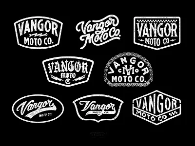 Badge Design Vangor Moto Co. badge design badges brand identity branding design bundle garage design handdrawn handlettering hat design lettering logo unique logotype moto company moto design patch patch design typography