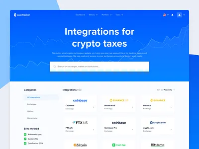 CoinTracker Integrations page bitcoin coinbase cointracker cryptocurrency filters integrations results search search page