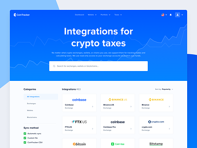 CoinTracker Integrations page bitcoin coinbase cointracker cryptocurrency filters integrations results search search page