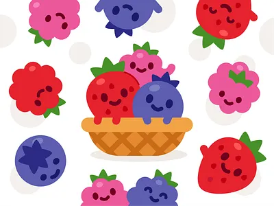 Berries! berries berry blackberry branding cartoon character children digital flat food funny illustration kawaii logo mascot nutrition raspberry strawberry sweet vector