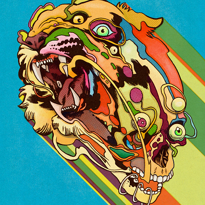 Liquid colors fun illustration joy nature poster retro skull tiger vintage wild