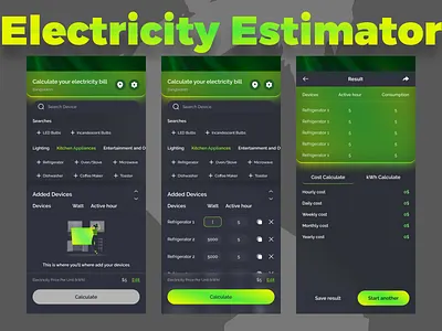 Electricity Estimator Mobile App Design appdesign appinterface calculatorapp cleanui designinspiration dribbble electricityapp estimatorapp figmadesign interfacedesign majidurrahman majiduruix minimalui mobileinterface mobileui productdesign uidesign userinterface utilityappdesign uxdesign